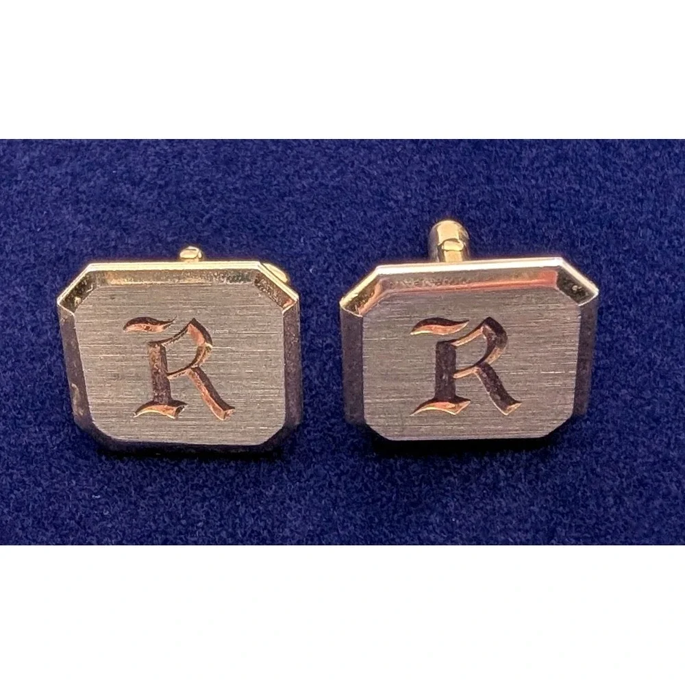 Vintage Swank Gold Tone Initial R Cufflinks Octagon Brushed Metal Mens Jewelry